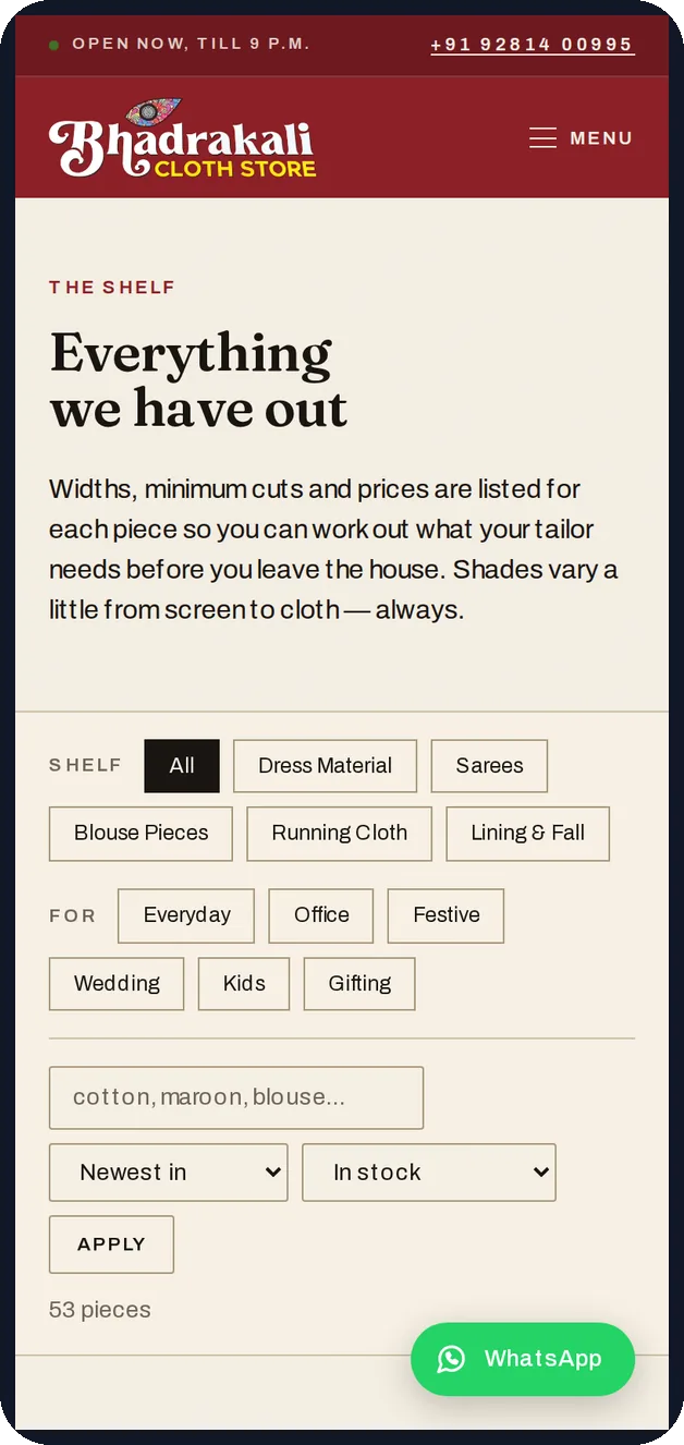The fabric catalogue on a phone: filters for dress material, sarees, blouse pieces, running cloth and lining, and for occasions such as office, festive and wedding