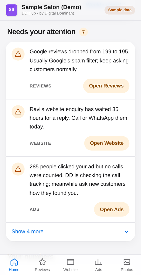 DD Hub home screen for a sample salon, with sample data, showing Needs your attention: Google reviews dropped from 199 to 195, a website enquiry is still waiting for a reply, and 285 people clicked the ad but no calls were counted, each with a button to open that screen