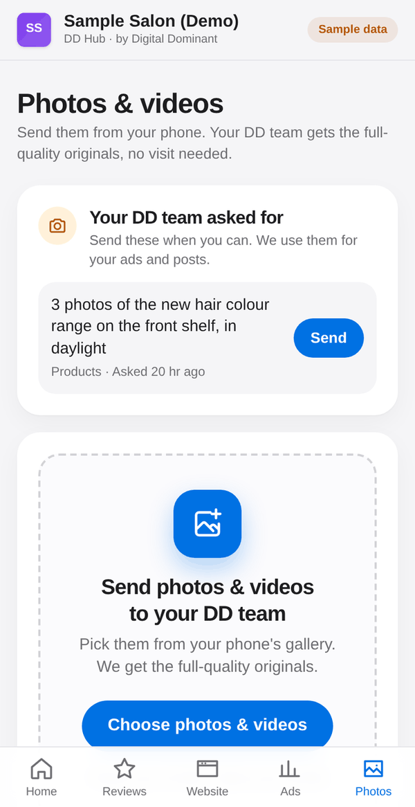 DD Hub Photos screen: a photo request from the DD team and a button to send photos and videos from the phone's gallery