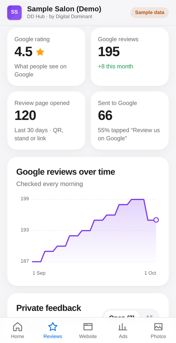 DD Hub Reviews screen with sample data: Google rating 4.5, 195 Google reviews, review page opened 120 times in 30 days, and a chart of Google reviews over the last month